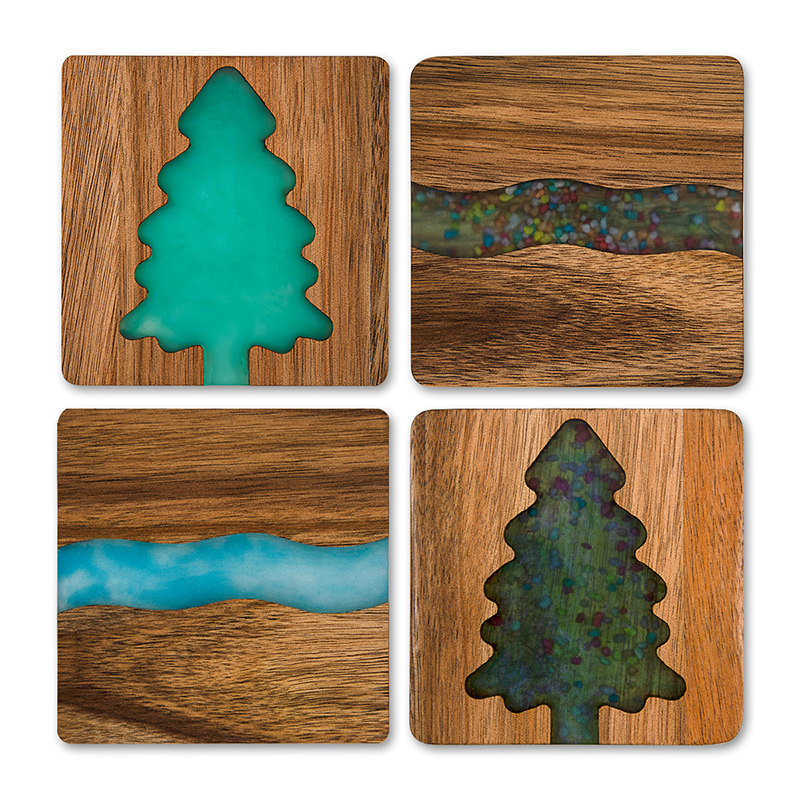 Acacia Wood And Epoxy Resin River/Tree Coaster Set of 4pcs, Handmade Wooden Coaster Set for Drinks, for Home, Office, or Bar