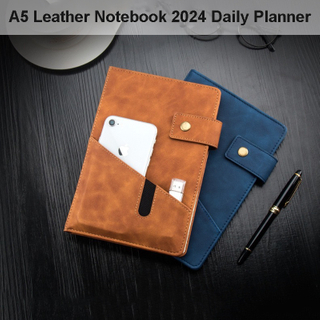 A5 Agenda Book Daily Monthly Planner Notebook, A5 Lined Leather Journal Notebook With A Pocket for Business School Travel Personal