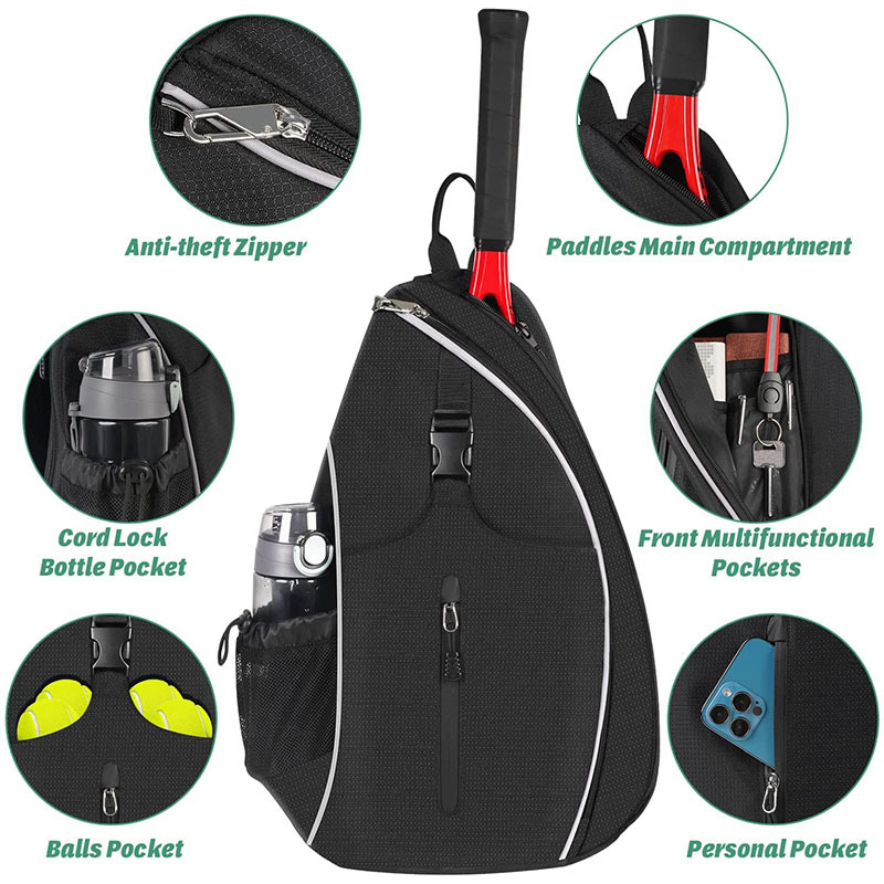 Sports Sling Bag Tennis Sling Backpack Crossbody Holds Tennis Badminton Squash Pickleball Racquets, Balls, and Other Accessories