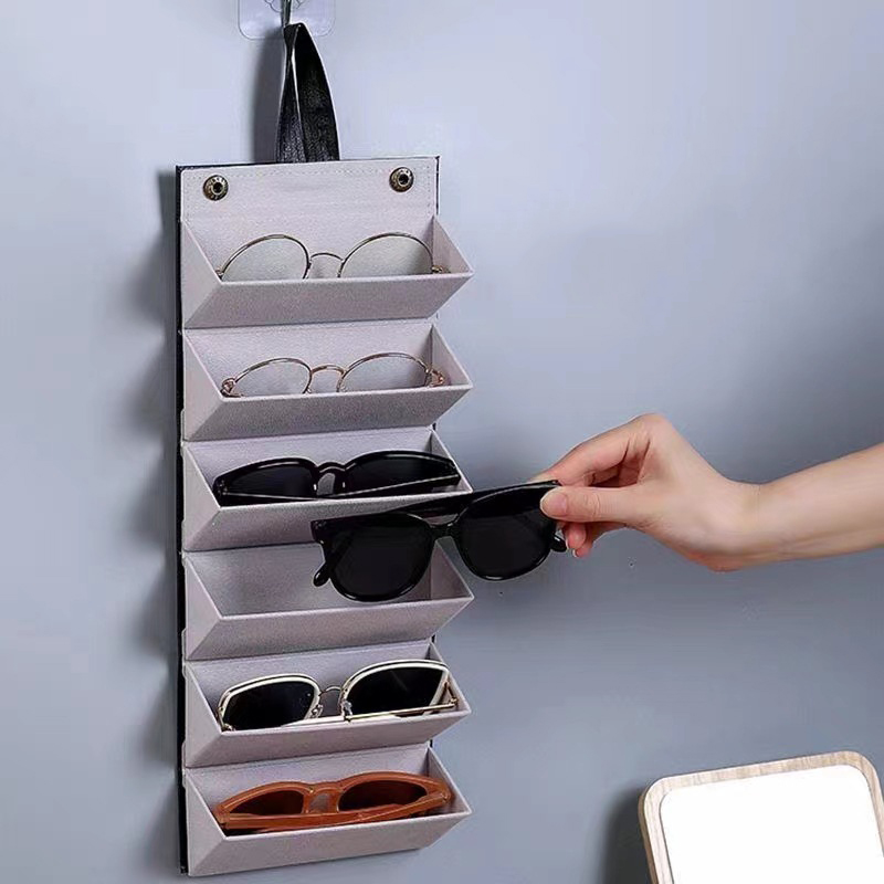 Travel Sunglasses Organizer Case PU Leather Hanging Foldable Eyeglasses Case With 6 Slots Multiple Pairs Glasses Storage Display