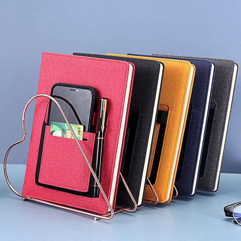 A5 Lined Leather Journal Notebook, Front Insert Pockets for Phone & Cards, Elastic Pen Holder, Lay-Flat A5 Journal Notebook