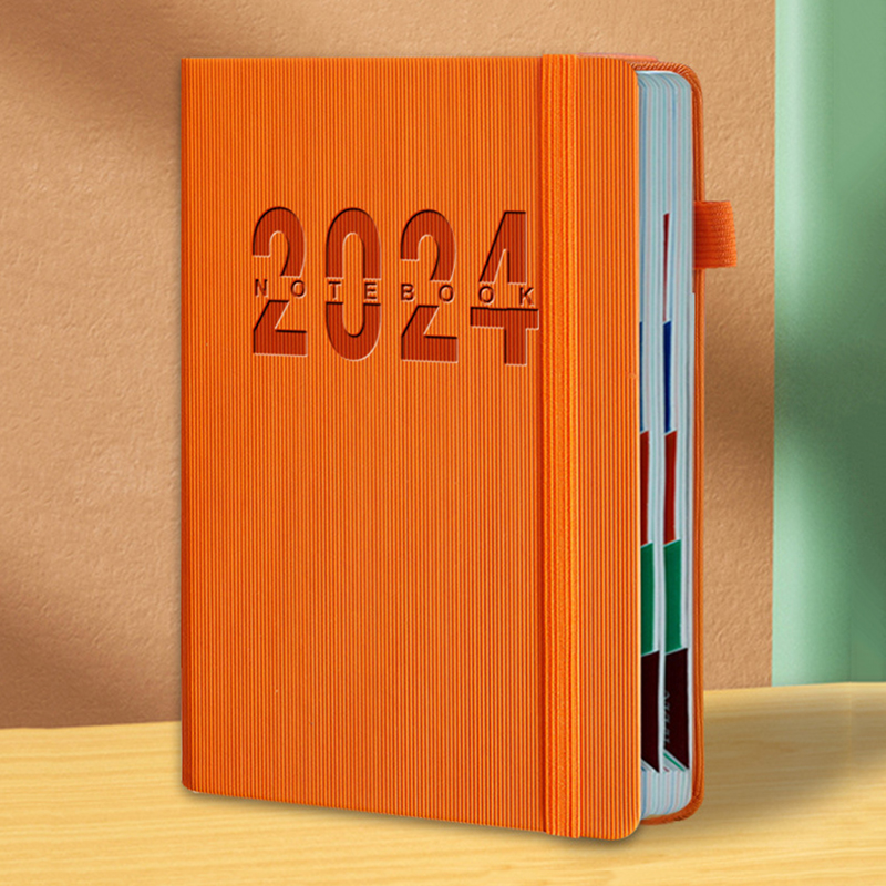 2024 Hardcover Classic Vertical Stripes Pattern PU 365 Daily Planner Schedule Notebook Agenda Journal - A5, Elastic Strap Closure