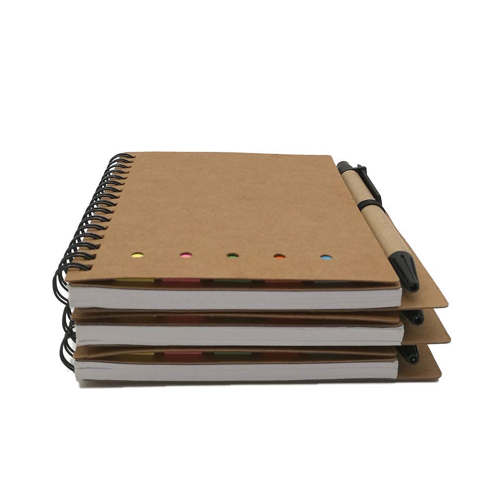 Sticky Flag Journal Notebook Lined Spiral Kraft Paper Cover Notepad with Pen In Holder index labels Sticky Notes