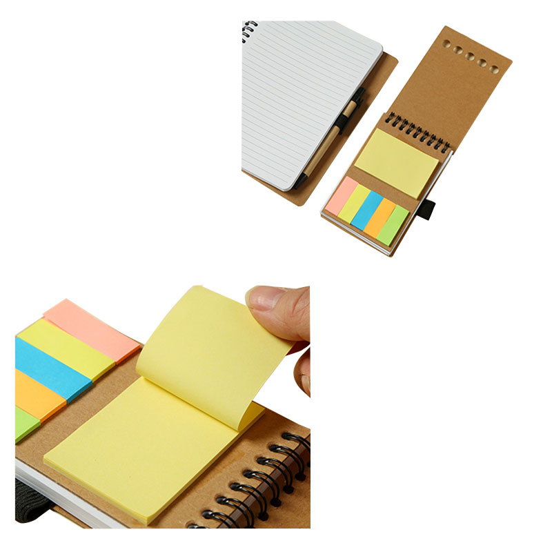Eco-Friendly Kraft Cover Two Different Sizes Spiral Notepad Set With Pen, Adhesive Sticky Notes & Sticky Flags For Office Business