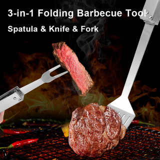 3-in-1 Folding Barbecue Tool, Spatula, Fork and Knife. Stainless Steel 19.5 Inch Long BBQ Grilling Tool For Outdoor Camping