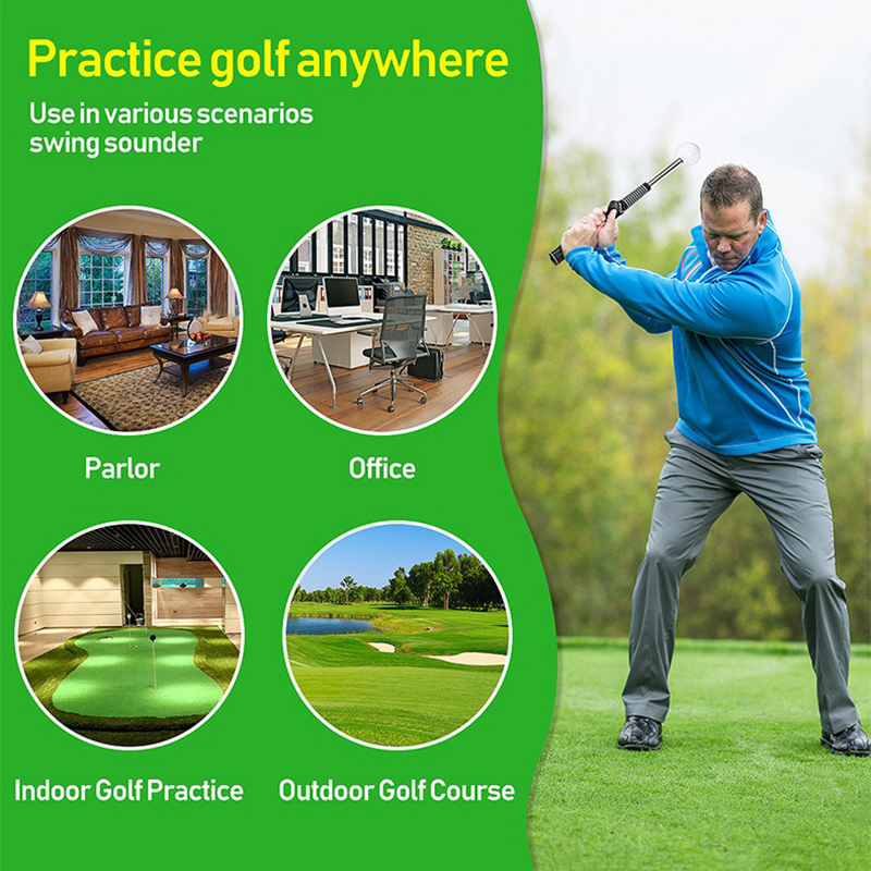 Telescopic Golf Swing Trainer with Sound Feedback (from 15" to 23.6"), with a stainless steel shaft and anti-slip rubber grip.