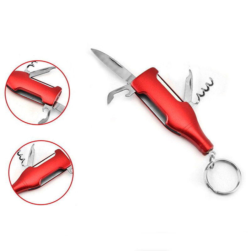 Beer Bottle Shape Stainless Steel Compact Multifunctional Tool Keychain With Wine Opener, Beer Opener, Nail File, Knife & Key Ring