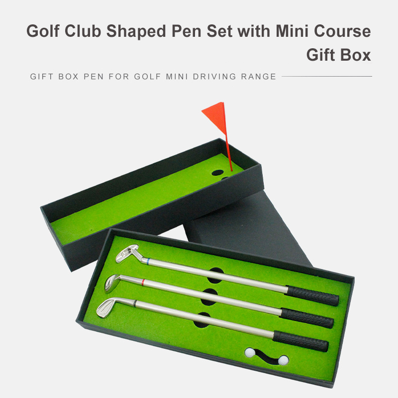 Golf Club Shaped Pen Set with Mini Course Gift Box, Mini Desktop Golf Club Ballpoint Pen Set