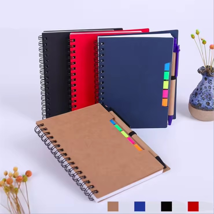 Spiral Kraft Paper Notebook with Pen and Sticky Notes