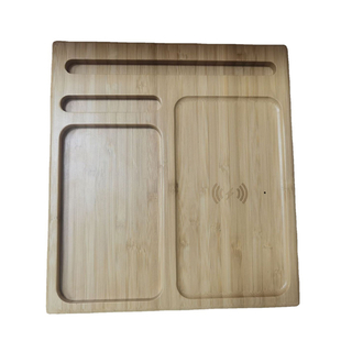 Wood Phone Wireless Charging Station with Desk Organizer Pad, Bamboo Qi Charger Docking Tray Key Pen Holder