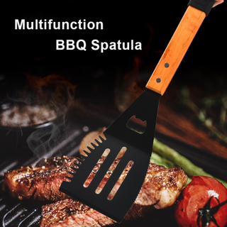 Multifunctional Metal BBQ Spatula With Beer Bottle Opener, Serrated Edge; 20" Long Grilling Tools with Wooden Handle