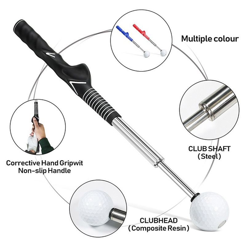 Telescopic Golf Swing Trainer with Sound Feedback (from 15" to 23.6"), with a stainless steel shaft and anti-slip rubber grip.