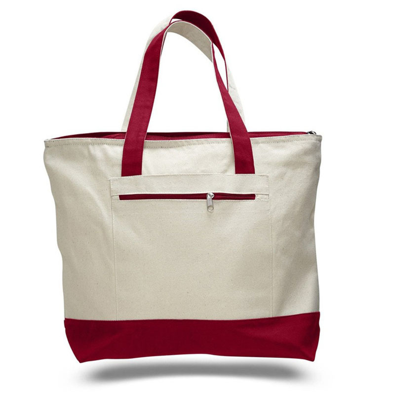 Two-Tone 12oz Cotton Canvas Tote Bag with Zipper Pocket, Large Reusable Grocery Shopping Tote