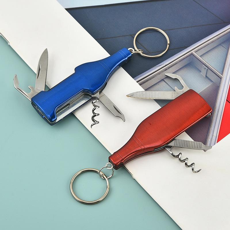 Beer Bottle Shape Stainless Steel Compact Multifunctional Tool Keychain With Wine Opener, Beer Opener, Nail File, Knife & Key Ring