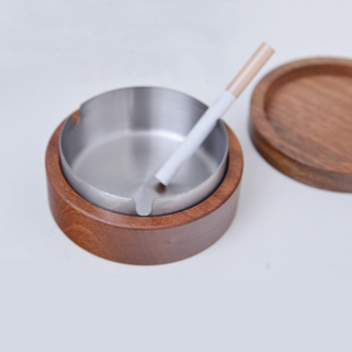 Outdoor Patio Stainless Steel Ashtray with Lid Wooden Cigarettes Ashtray Portable Windproof Ashtray for Home, Office