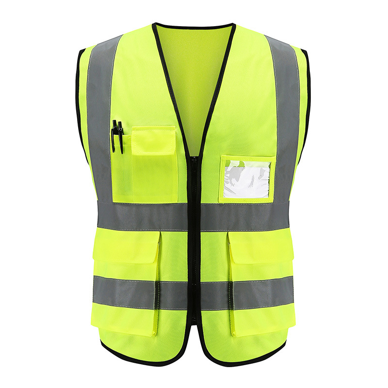 High Reflective Strips Bright Neon Color Construction Protector Vest with Zipper and Multi Pockets