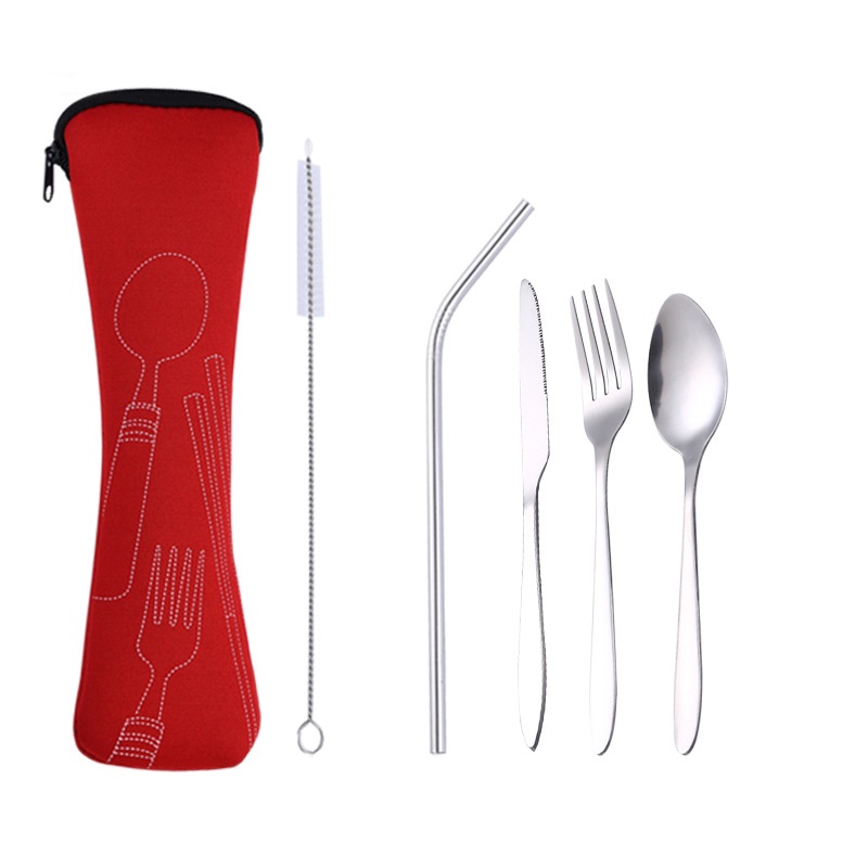 Reusable Flatware Sets Knife Fork Spoon 5Pcs Portable Travel Stainless Steel Tableware Dinnerware with Carrying Case