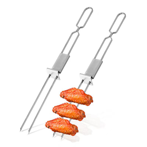 Long Double Pronged Reusable Stainless Steel Shish Kabob BBQ Skewers Sticks with Push Bar for Grilling Camping