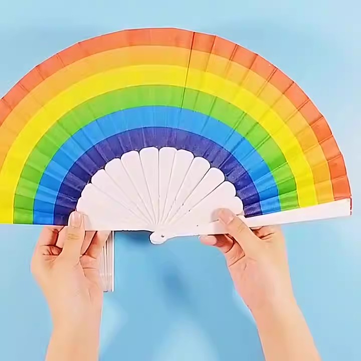 Folding Rainbow Pride Hand Fan, 9inch Colorful Plastic Folding Hand Held Fan For Rave, Festival & Parade, Pride & Party Accessory