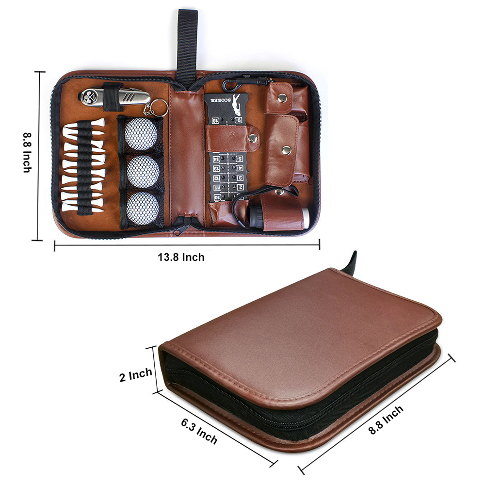 Leather Golf Multi-Function Accessory Kit with Tees, Balls, Rangefinder, Brush, Multifunctional Divot Knife, Ball Clamp, Scorer