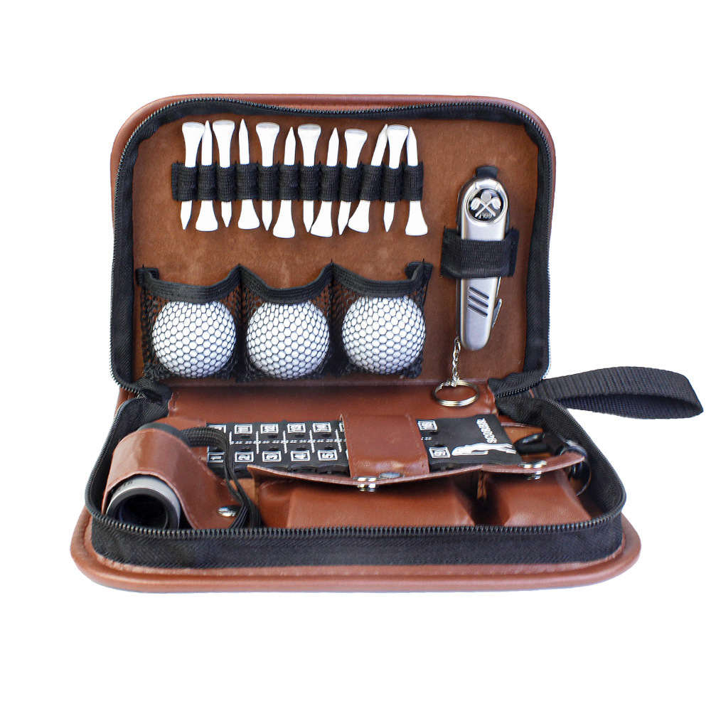 Leather Golf Multi-Function Accessory Kit with Tees, Balls, Rangefinder, Brush, Multifunctional Divot Knife, Ball Clamp, Scorer