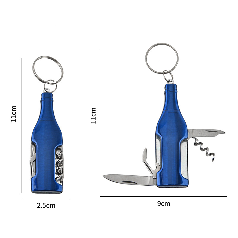 Beer Bottle Shape Stainless Steel Compact Multifunctional Tool Keychain With Wine Opener, Beer Opener, Nail File, Knife & Key Ring
