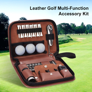 Leather Golf Multi-Function Accessory Kit with Tees, Balls, Rangefinder, Brush, Multifunctional Divot Knife, Ball Clamp, Scorer