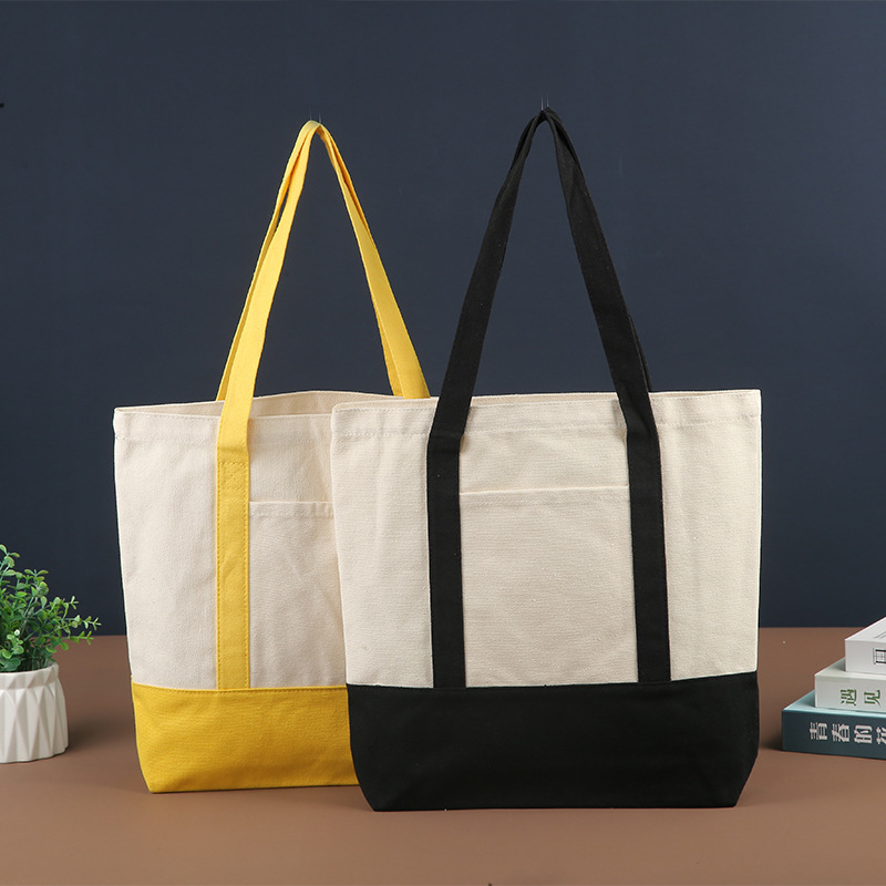 Two-Tone 12Oz Canvas Shopping Tote Bag with Front Pocket, Reusable Grocery Tote Bags