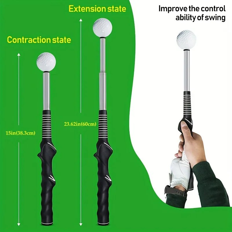 Telescopic Golf Swing Trainer with Sound Feedback (from 15" to 23.6"), with a stainless steel shaft and anti-slip rubber grip.