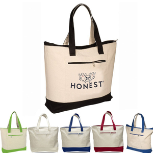 Two-Tone 12oz Cotton Canvas Tote Bag with Zipper Pocket, Large Reusable Grocery Shopping Tote