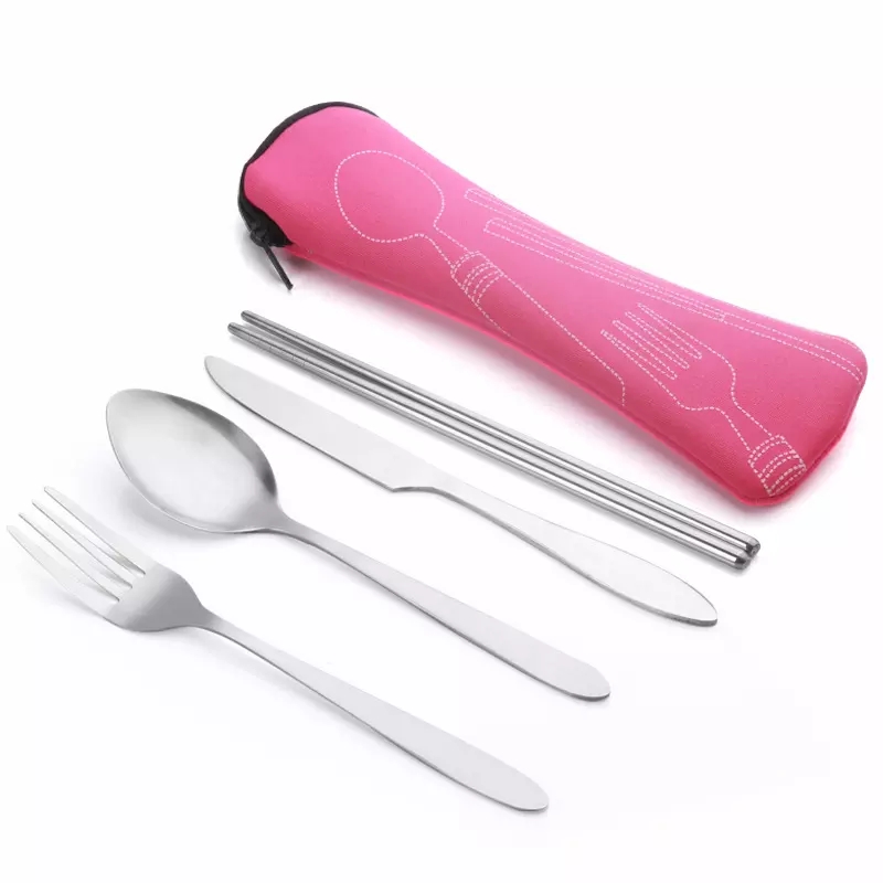 Reusable Flatware Sets Knife Fork Spoon 4Pcs Portable Travel Stainless Steel Tableware Dinnerware with Carrying Case