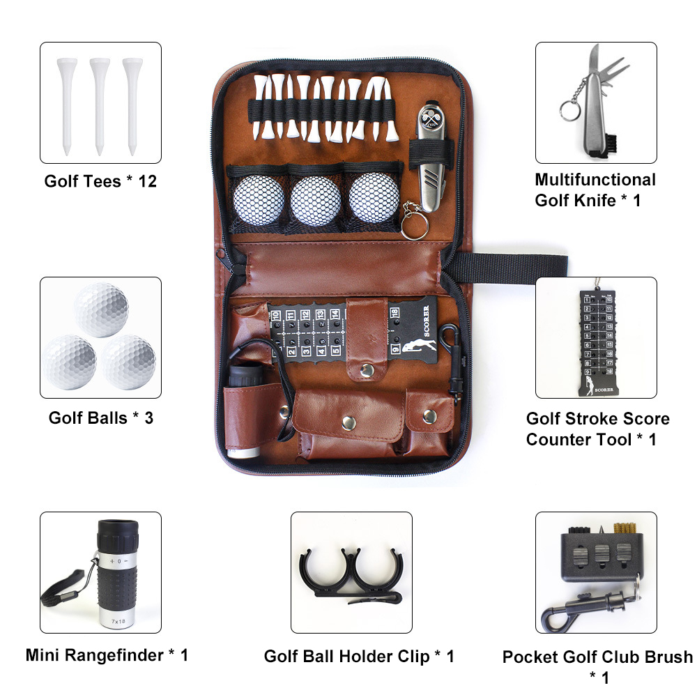 Leather Golf Multi-Function Accessory Kit with Tees, Balls, Rangefinder, Brush, Multifunctional Divot Knife, Ball Clamp, Scorer