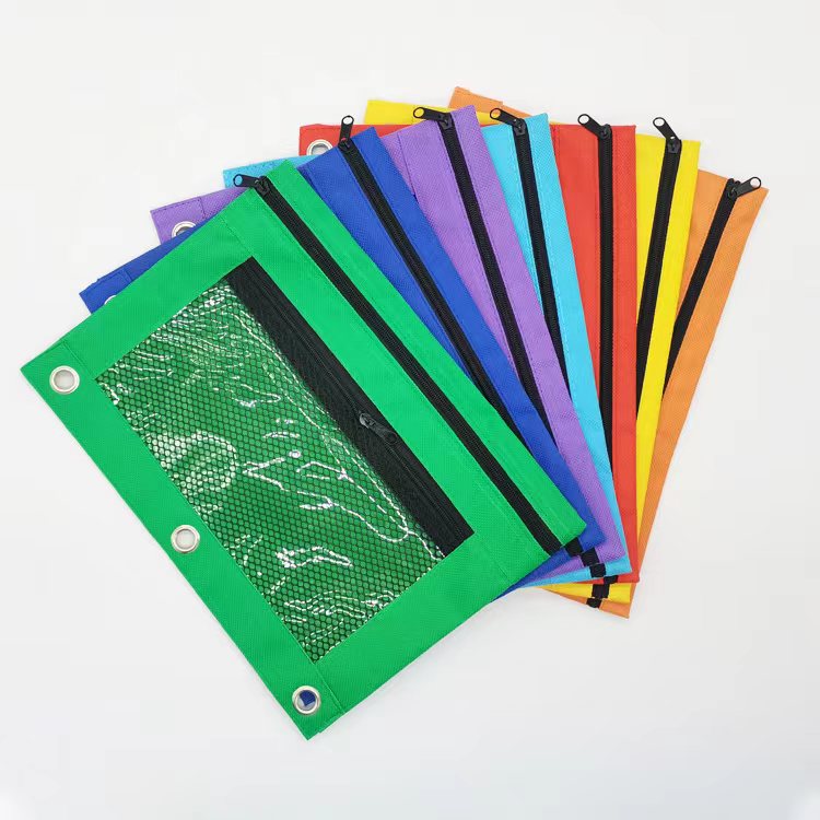 Durable 3-ring Binder Pencil Pouch with Waterproof Oxford Fabric, Clear Window, And Mesh Pockets.