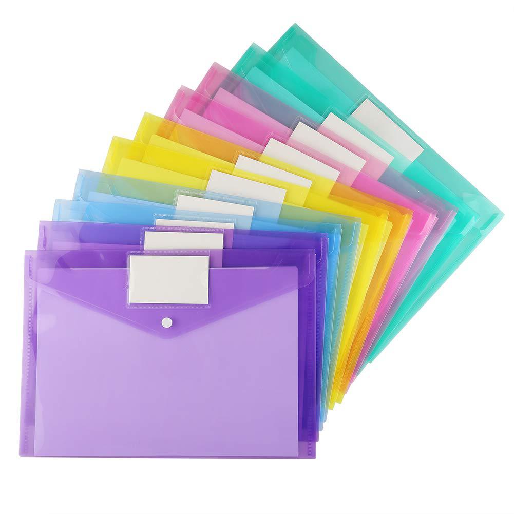 Plastic Clear Poly Filing Envelopes Document File Folders Letter A4 Size with Label and Pocket Paste Button for School Home Work