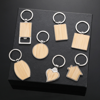 Eco-friendly Bamboo Keychain with Metal Frame, Custom Laser Engraving Logo Key Ring in Multiple Shapes for Promotional
