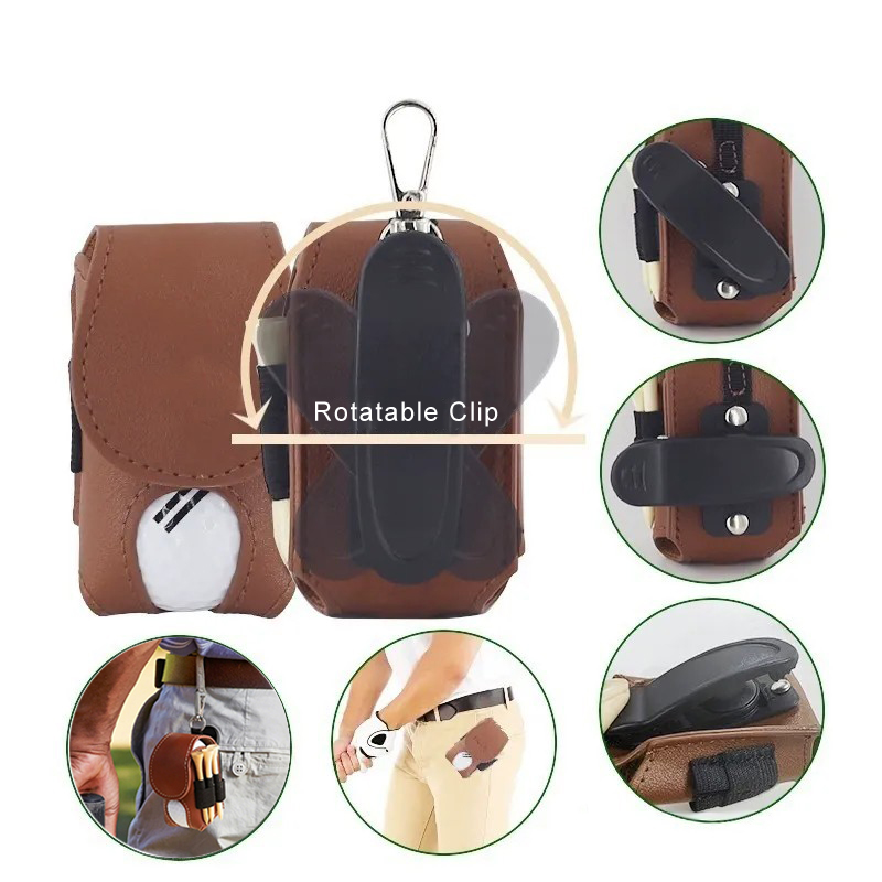 Portable PU Leather Golf Ball Holder with Hanging Clip & Rotating Belt Clip, Magnetic Closure, Holds 2 Balls & Tees