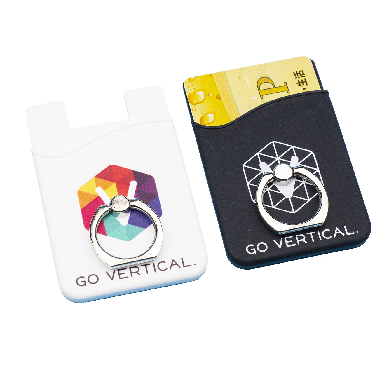 Custom PU & Silicone Phone Card Holder with Ring Stand, Adhesive Wallet with Card Slot & 360 degree Ring Stand for Smartphones