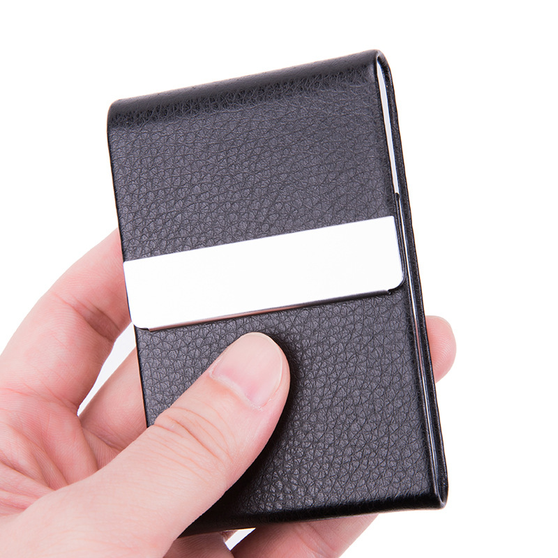 Compact Slim Vertical Business Card Holder Featuring A Stainless Steel Frame with Textured Leather Exterior, Easy To Access.