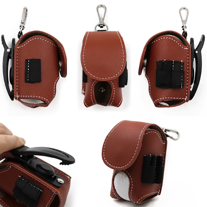 Portable PU Leather Golf Ball Holder with Hanging Clip & Rotating Belt Clip, Magnetic Closure, Holds 2 Balls & Tees