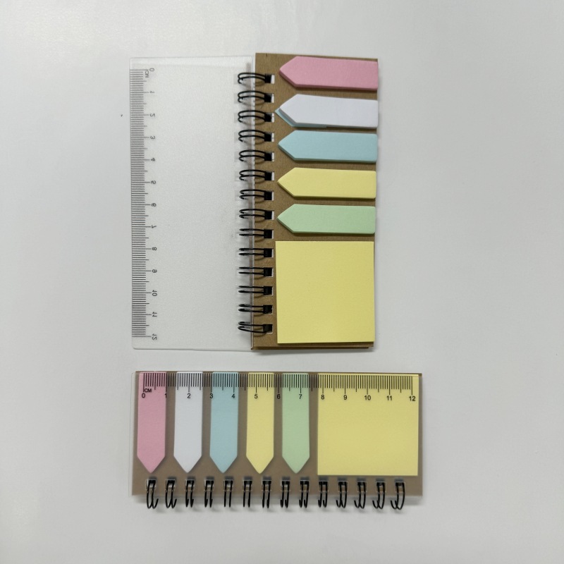5" x 2.25" Spiral Sticky Note Booklet with Clear PP Cover, Built-In Ruler, Colorful Page Flags & Self-Adhesive Memo Pads