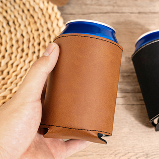 Premium 12oz Collapsible PU Leather Drink Bottle Sleeve Can Cooler, Custom Foldable Berverage Holder for Standard Cans & Bottles