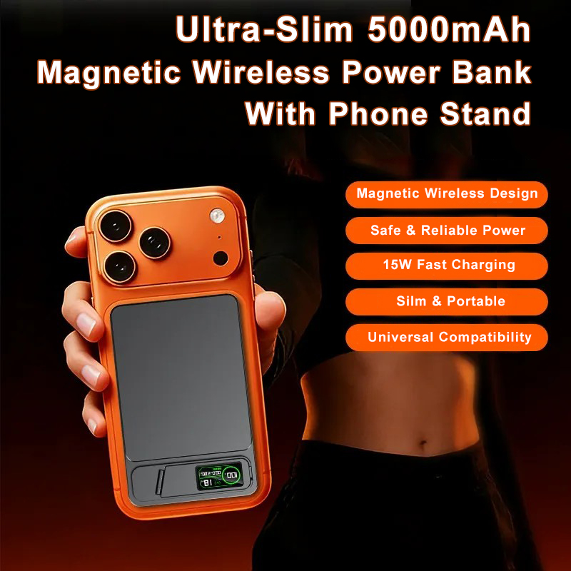 5000mAh Ultra-Thin Magnetic Wireless Power Bank with 15W Fast Charging, Adjustable Zinc Alloy Stand, & 20W USB-C Wired Charging