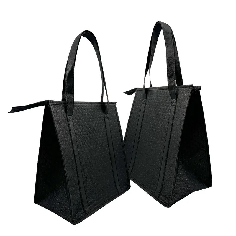 Custom Imprint Portable Recycled Non-Woven Insulated Cooler Grocery Tote Bag with Front Pocket, Zipper Closure and 20" Handles