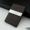 Compact Slim Vertical Business Card Holder Featuring A Stainless Steel Frame with Textured Leather Exterior, Easy To Access.