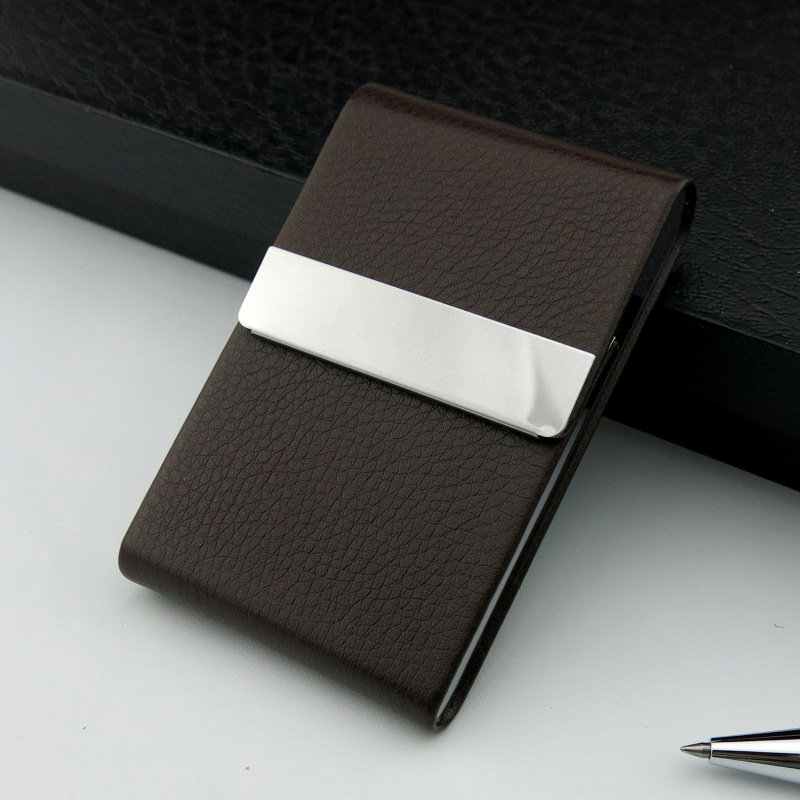 Compact Slim Vertical Business Card Holder Featuring A Stainless Steel Frame with Textured Leather Exterior, Easy To Access.
