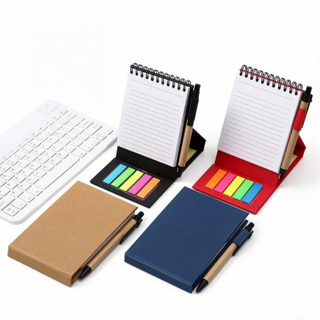 4" x 5.8" Self-Standing Bottom-Bound Spiral Memo Notebook with Sticky Flags & Pen -- Foldable Desktop To-Do List Organizer