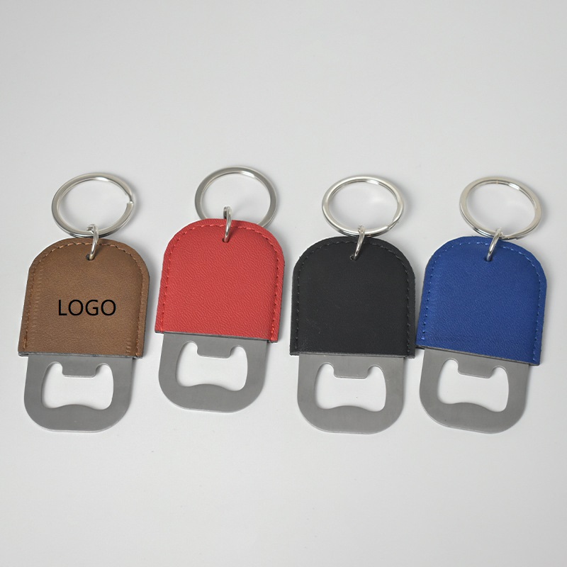 Custom Leather Wrapped Stainless Steel Bottle Opener Keychain with Split Ring, Custom Logo Promotional Beer Opener Keychain