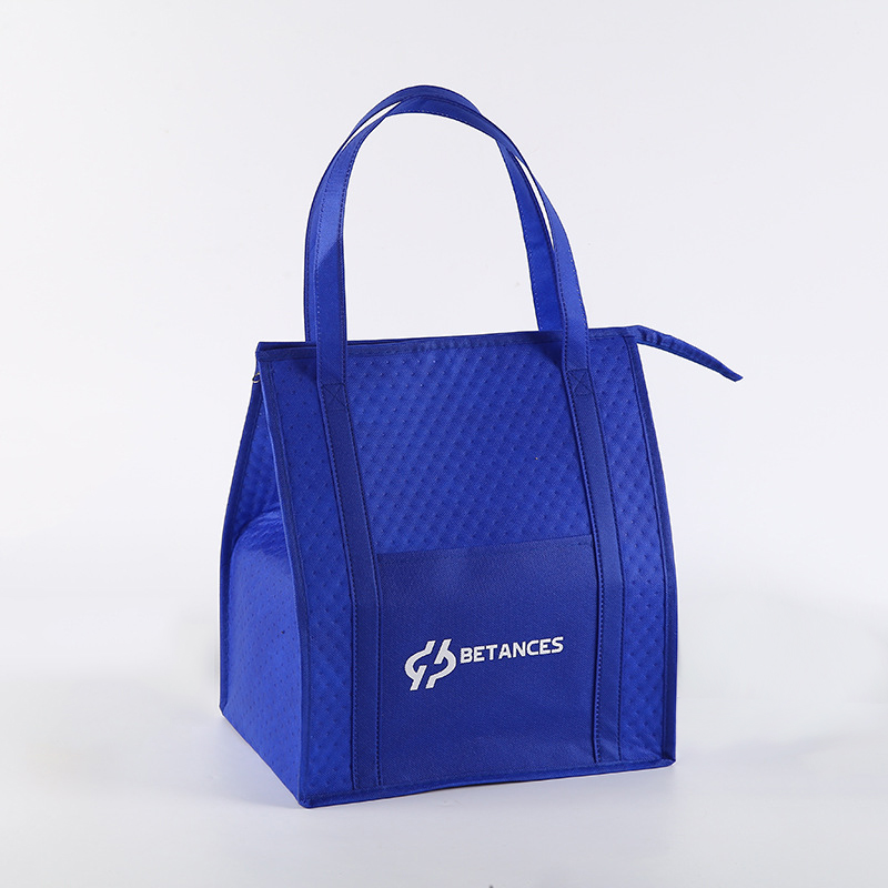 Custom Imprint Portable Recycled Non-Woven Insulated Cooler Grocery Tote Bag with Front Pocket, Zipper Closure and 20" Handles
