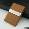 Compact Slim Vertical Business Card Holder Featuring A Stainless Steel Frame with Textured Leather Exterior, Easy To Access.