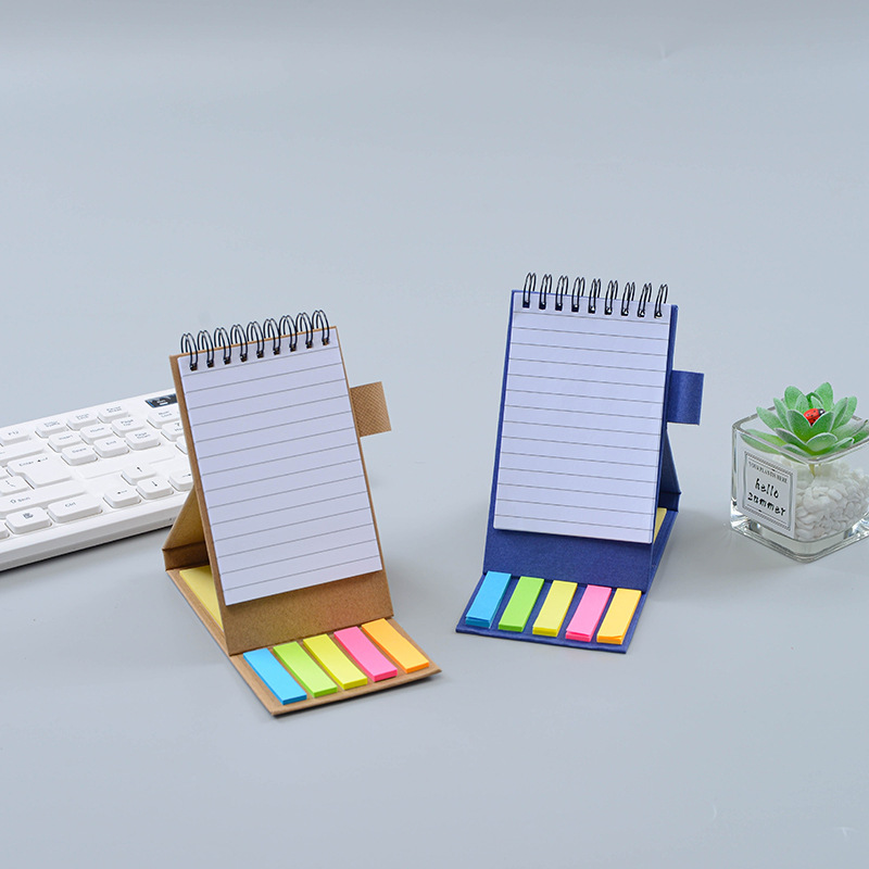 4" x 5.8" Self-Standing Bottom-Bound Spiral Memo Notebook with Sticky Flags & Pen -- Foldable Desktop To-Do List Organizer